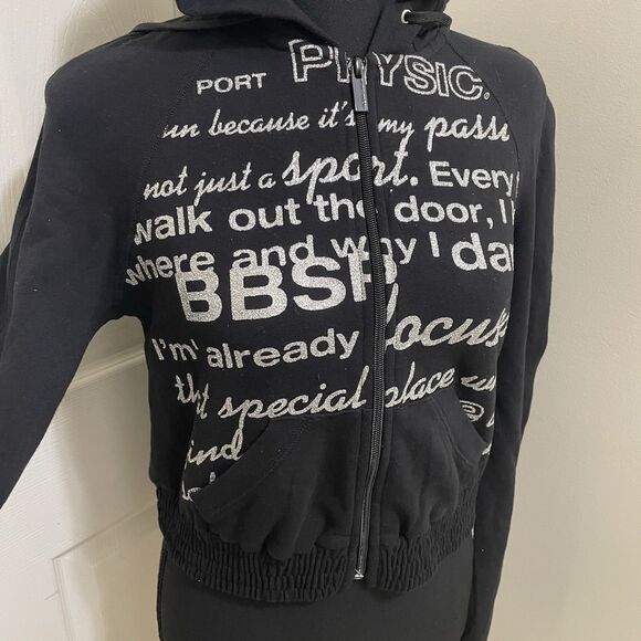 Vintage Bebe Sport Cropped Hoodie Black w/ Glitter Words Y2K Stretchy NWT Bling - Picture 2 of 9